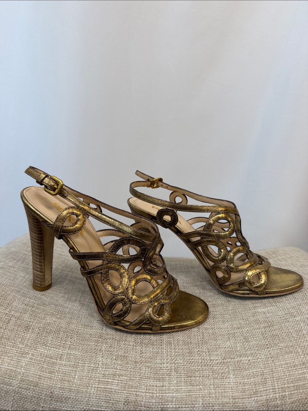 Y2K Prada Metallic Gold Open-Toe Strappy High Heel Sandals size 36.5. USA 6-6.5